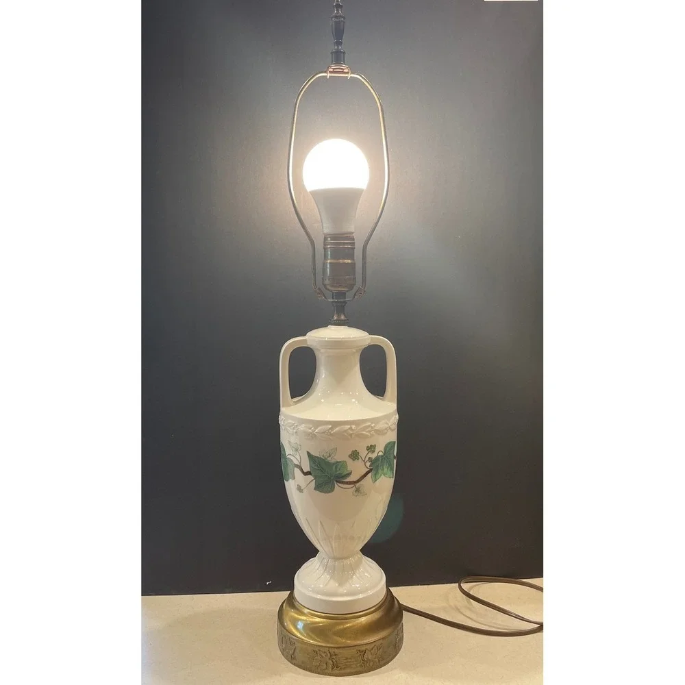 Vintage Neoclassical Ceramic Urn Table Lamp with Green Ivy Vine 3 way Working